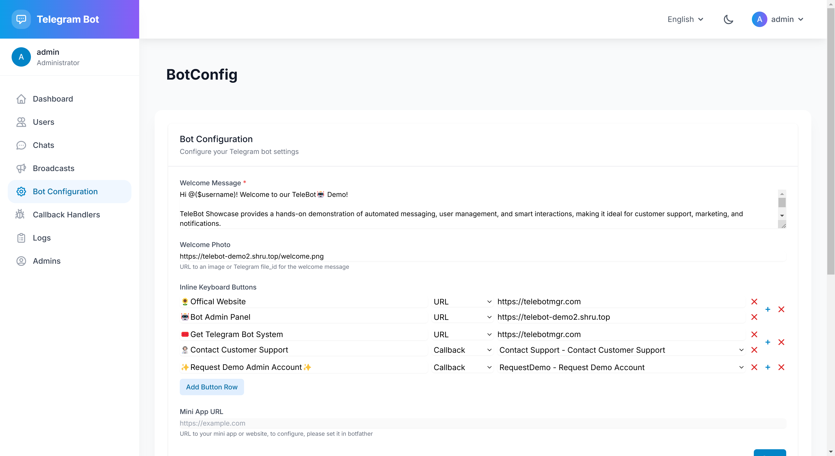 Telegram Bot Dashboard - Settings